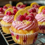 Close-up view of moist Raspberry Lemonade Cupcakes with vibrant raspberries on top.