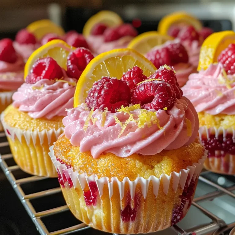 Close-up view of moist Raspberry Lemonade Cupcakes with vibrant raspberries on top.
