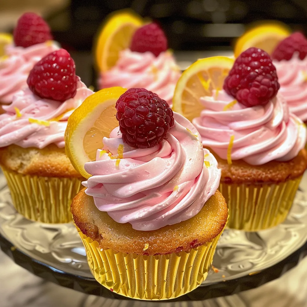Side view of delicious Raspberry Lemonade Cupcakes with a lemon slice on top and vibrant colors.