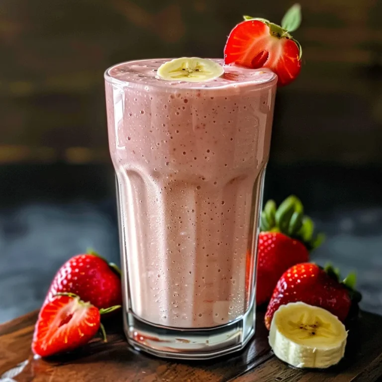 Close-up of a refreshing strawberry banana smoothie in a glass, garnished with a slice of banana.