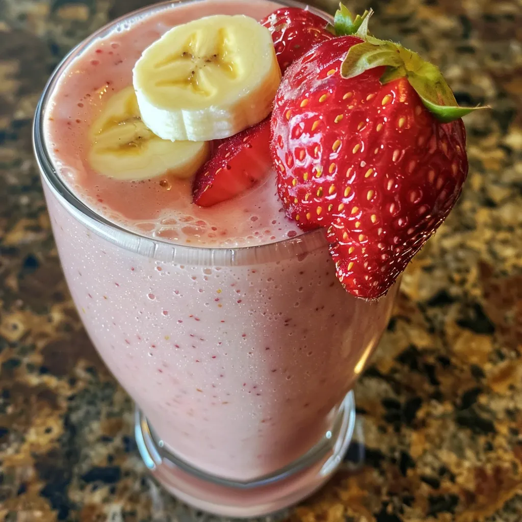 Side view of a smoothie made with strawberries and bananas, served in a clear glass.