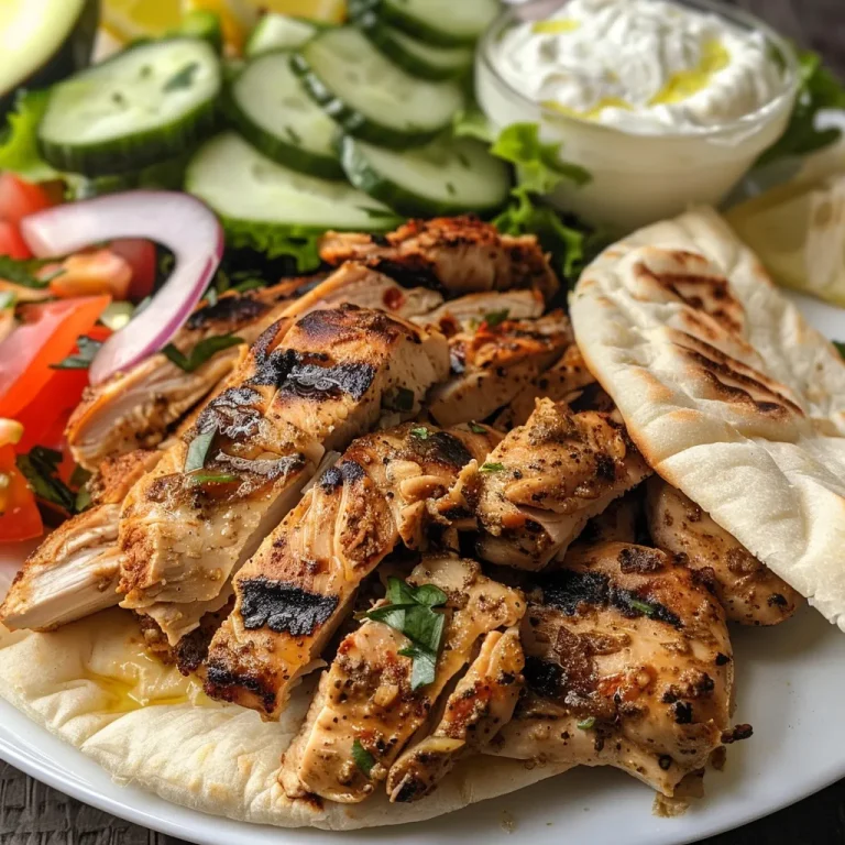 Close-up view of juicy shawarma chicken served with pita and fresh veggies.