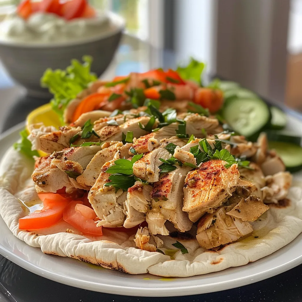 Side angle of tender shawarma chicken with a drizzle of tahini sauce and vegetables.
