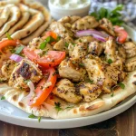 Close-up view of juicy Sheet Pan Greek Chicken Gyros with vibrant toppings.