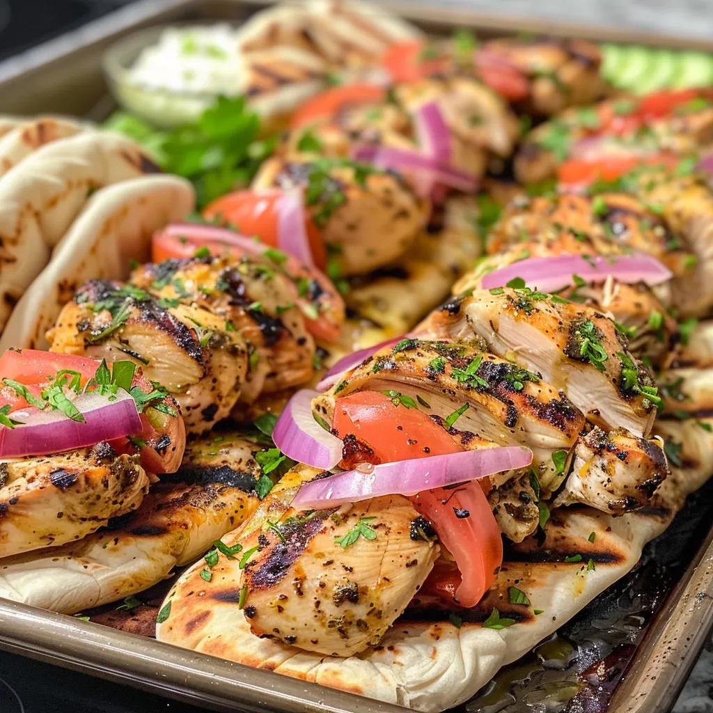 Side view of Greek chicken gyros featuring golden chicken and fresh vegetables.