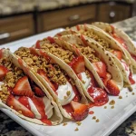 Close-up view of Strawberry Crunch Cheesecake Tacos showcasing fresh strawberries and creamy filling.