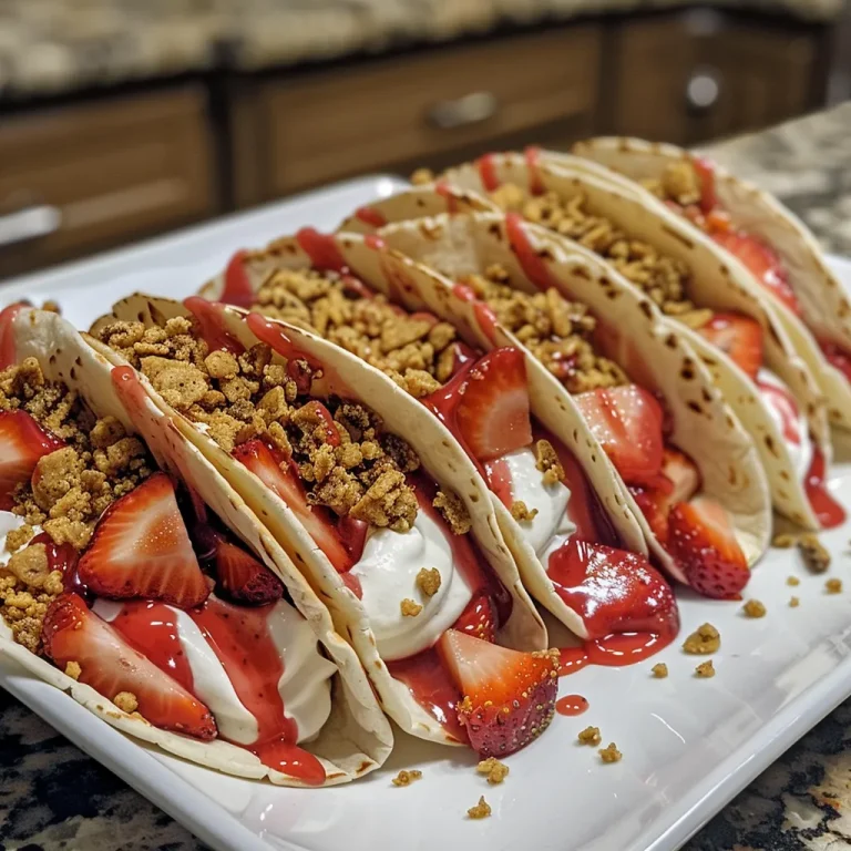 Close-up of Strawberry Crunch Cheesecake Tacos garnished with fresh strawberries.