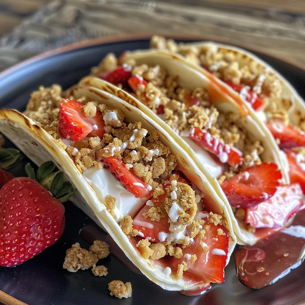 Side view of colorful Strawberry Crunch Cheesecake Tacos with a crunchy topping and drizzled chocolate.