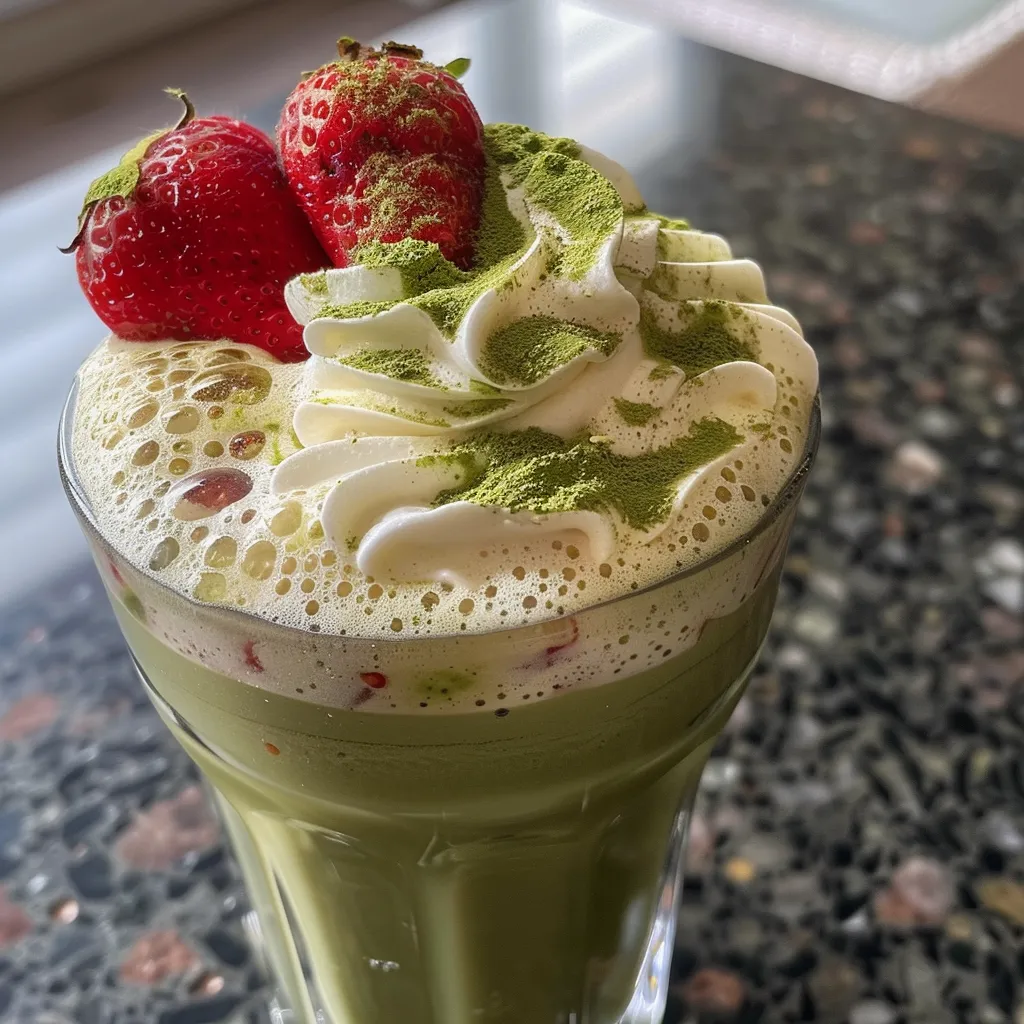 Side angle of a vibrant strawberry matcha latte topped with strawberries and ice.