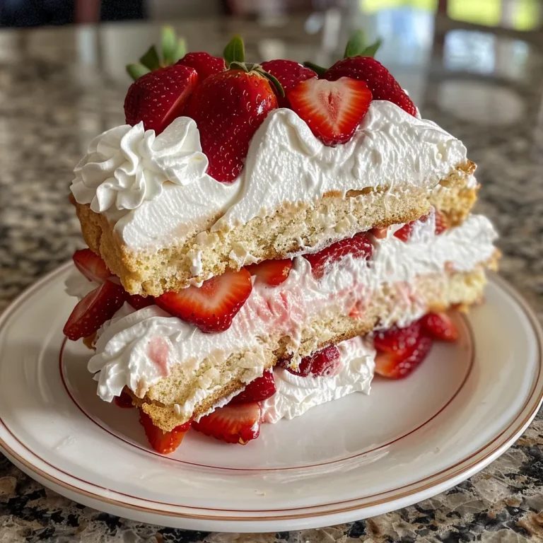 Close-up of a vibrant Strawberry Shortcake Icebox Cake with fresh strawberries on top.