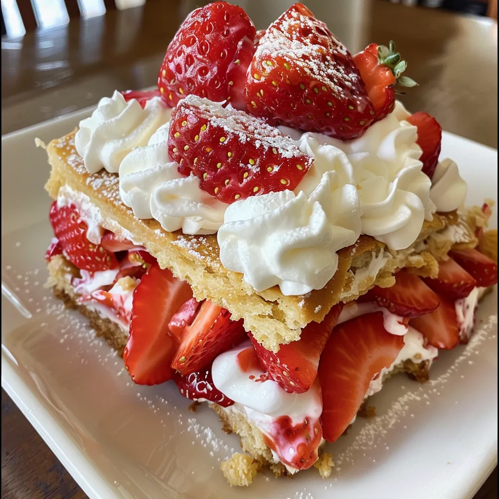 Side view of a layered Strawberry Shortcake Icebox Cake showcasing whipped cream and strawberries.