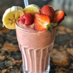 Close-up view of a refreshing strawberry banana protein smoothie in a glass.