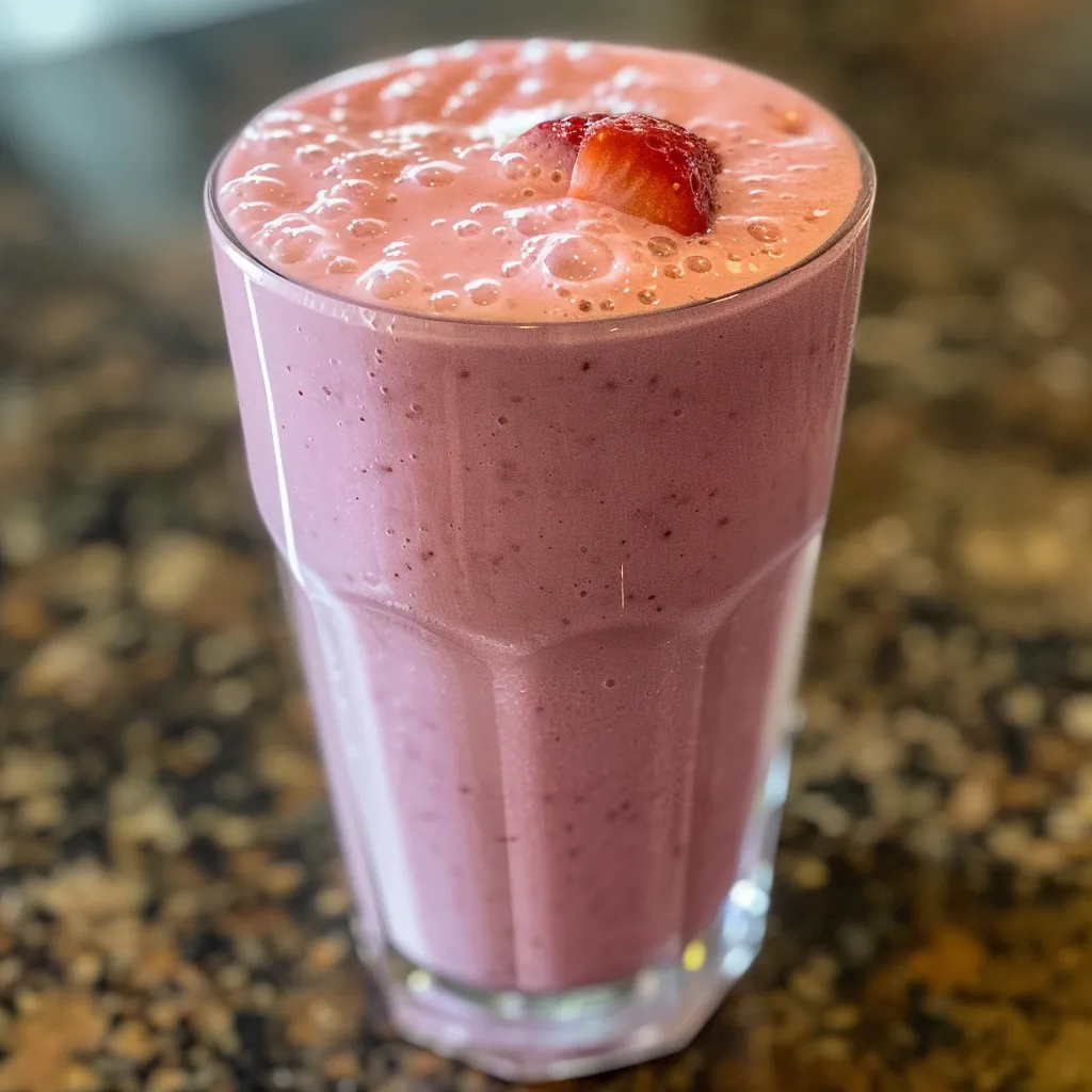 Side view of a vibrant smoothie made with strawberries and bananas, garnished with a slice of banana.