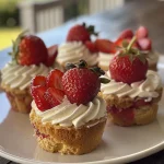 Close-up of strawberry shortcake cups with fresh strawberries and whipped cream.