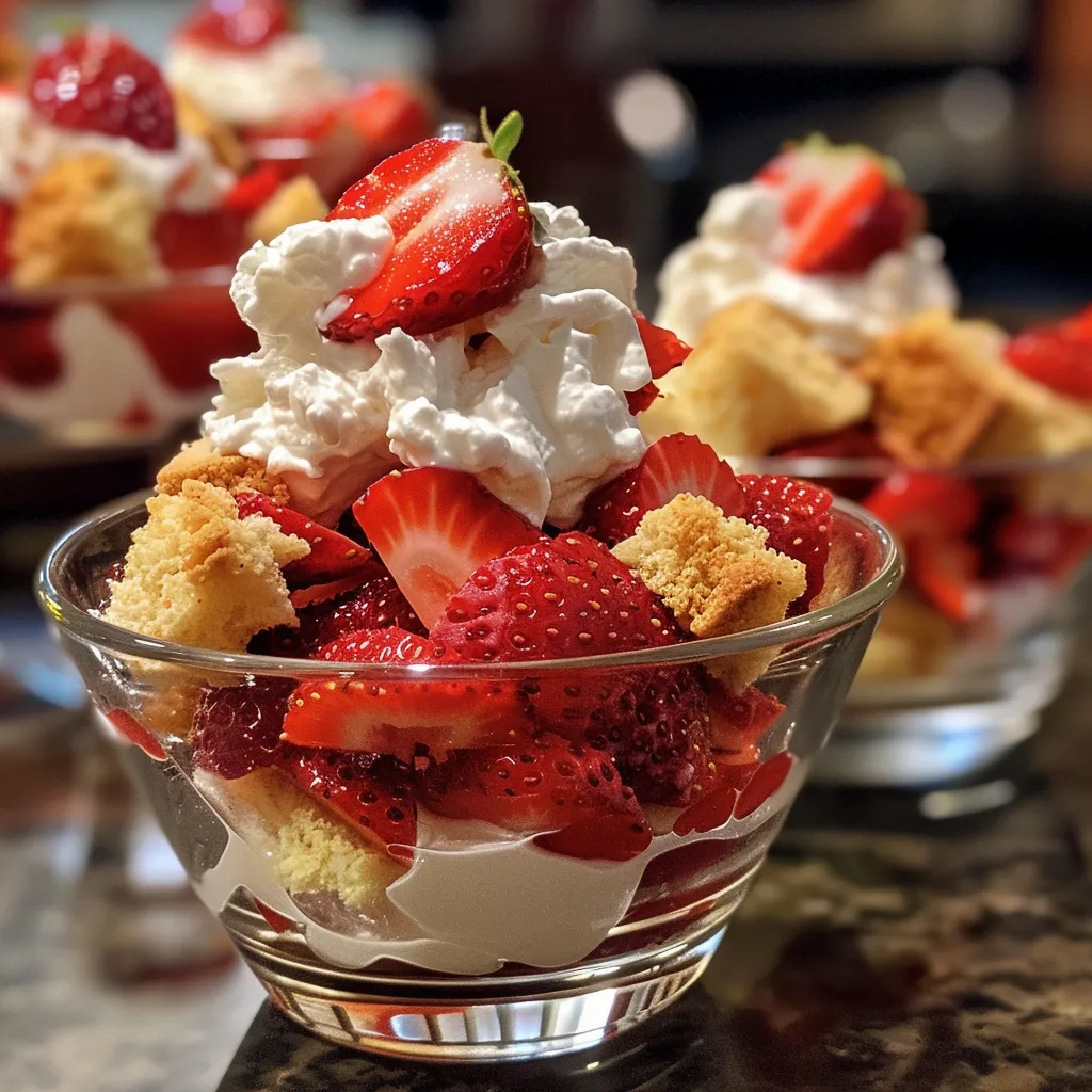 Side angle photo showcasing a vibrant Strawberry Shortcake Cup, topped with strawberries and cream.
