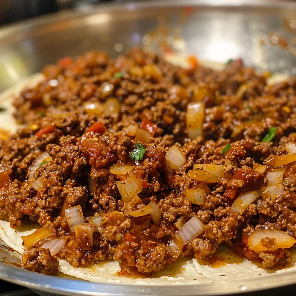 Side view of seasoned taco meat, highlighting spices and ingredients.