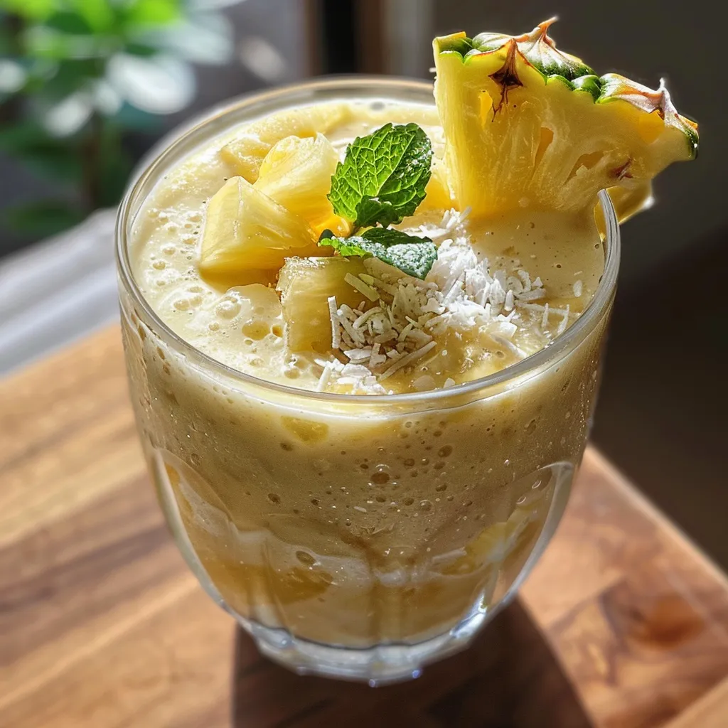Side view of a refreshing Pineapple Coconut Smoothie garnished with fresh mint leaves.