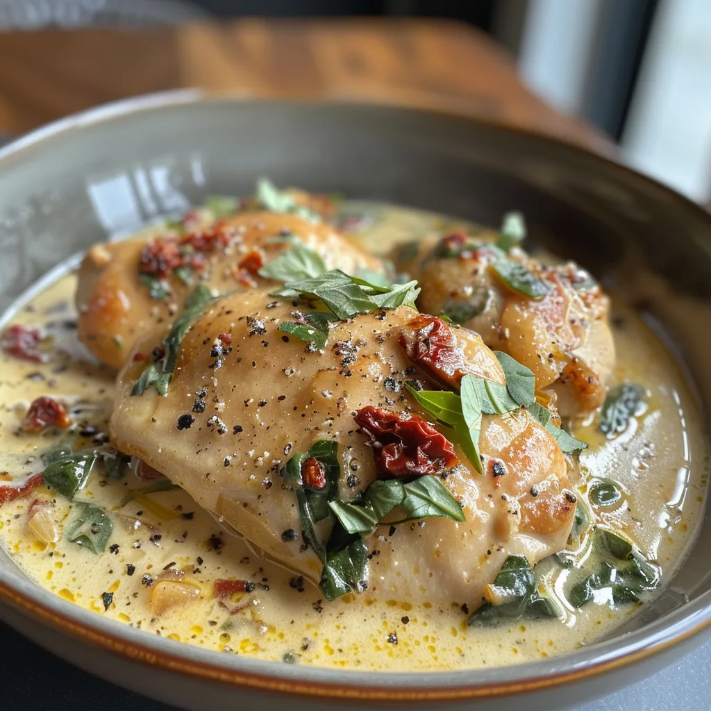 Close-up of Tuscan chicken garnished with fresh basil and sun-dried tomatoes.