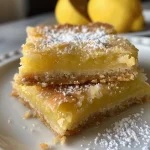 Close-up view of a vegan lemon bar dusted with powdered sugar.