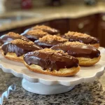 Close-up view of chocolate-dipped mini éclairs showcasing a glossy chocolate finish.