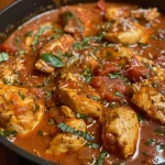 Close-up view of creamy tomato basil chicken breasts garnished with fresh basil and Parmesan cheese.