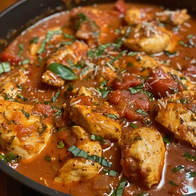 A Symphony of Flavors: How Creamy Tomato Basil Chicken Breasts Turn Dinner into a Celebration Close-up view of creamy tomato basil chicken breasts garnished with fresh basil and Parmesan cheese.