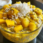 Close-up view of Mango Chia Pudding in a glass, featuring vibrant mango puree.