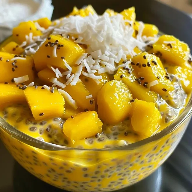 Tropical Temptation: How Mango Chia Pudding Brightens Up My Mornings Close-up view of Mango Chia Pudding in a glass, featuring vibrant mango puree.