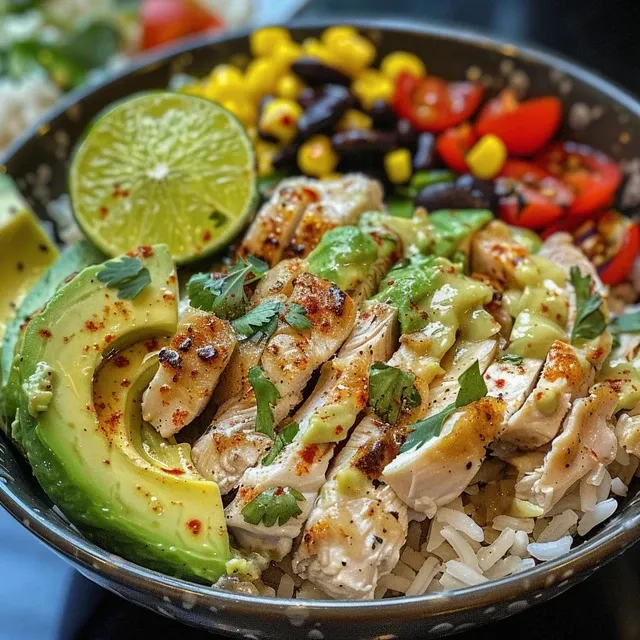 A Flavorful Journey: Crafting the Perfect Creamy Avocado Chicken Rice Bowl Close-up view of a creamy avocado chicken rice bowl with garnishes.