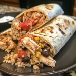 A close-up view of a juicy chicken burrito filled with fresh ingredients.