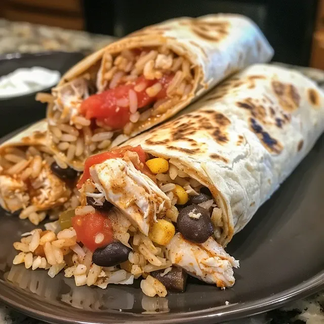 Rolling Up Flavor The Chicken Burrito That Brings Everyone to the Table A close-up view of a juicy chicken burrito filled with fresh ingredients.