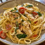 Close-up shot of creamy tomato chicken pasta with herbs.