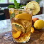 A refreshing glass of iced peach green tea lemonade with ice cubes and a slice of peach on the rim.
