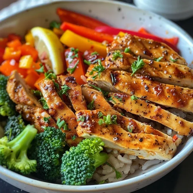 A Colorful Journey Crafting the Perfect Balanced Chicken Veggie Power Bowl A colorful Balanced Chicken & Veggie Power Bowl featuring chicken strips and a variety of fresh vegetables.