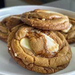 A side view of a warm cookie stuffed with Biscoff spread and white chocolate chips.