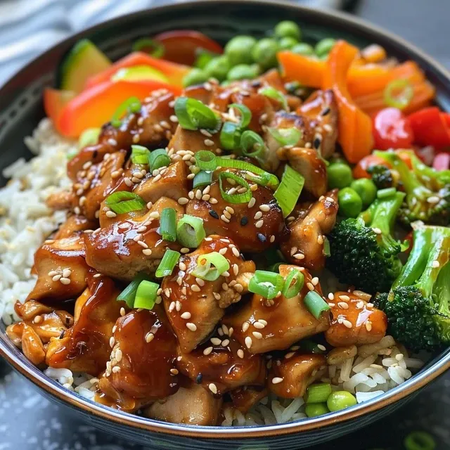 Savoring the Harmony of Flavors My Journey to the Perfect Teriyaki Chicken Bowl A close-up view of a Teriyaki Chicken Bowl showing juicy chicken, colorful vegetables, and grains.