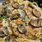 A close-up view of creamy One-Pan Chicken and Mushroom Alfredo on a white plate, garnished with parsley.