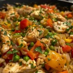 Close-up of a colorful chicken and vegetable rice skillet filled with vibrant ingredients.