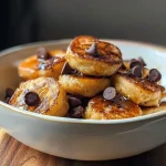Close-up of golden-brown High Protein Pancake Bites with chocolate chips.