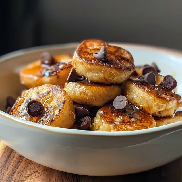 Delightful High Protein Pancake Bites A Bite-Sized Breakfast Celebration Close-up of golden-brown High Protein Pancake Bites with chocolate chips.