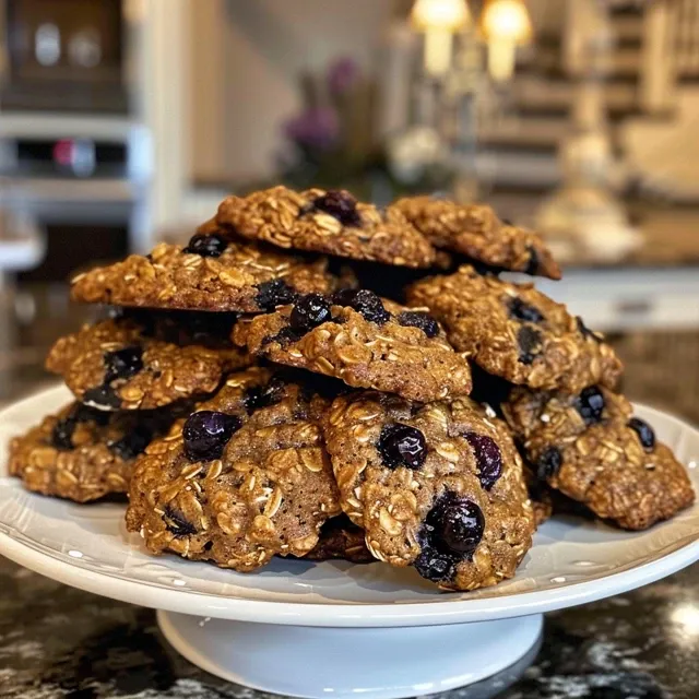 Baking Bliss How Blueberry Oatmeal Cookies Bring Joy to Every Bite Close-up shot of blueberry oatmeal cookies showing their chewy texture and juicy blueberries.