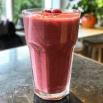 Close-up of a red berry and vanilla protein smoothie in a glass, showcasing its thick, creamy texture.