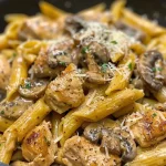 Close-up view of creamy chicken and mushroom pasta garnished with herbs.