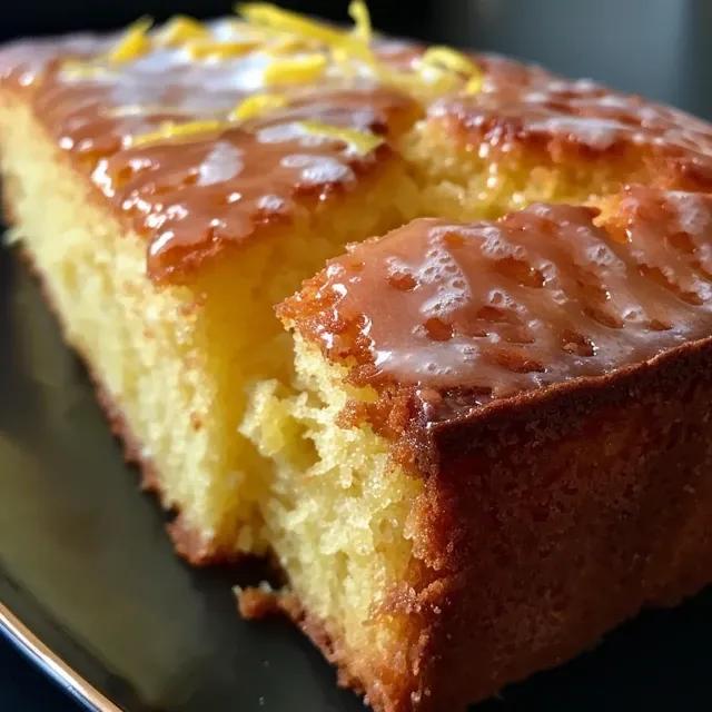 A Slice of Sunshine The Lemon Loaf Cake That Brightens Any Gathering Close-up view of a moist lemon loaf cake with a glossy glaze.
