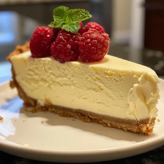 A Slice of the Mediterranean: The Greek Yogurt Cheesecake That Captures Summer’s Essence Close-up side view of a creamy Greek yogurt cheesecake topped with a smooth glaze.