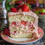 Side view of a strawberry milkshake pound cake with a moist texture and fresh strawberries on top.