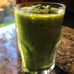 Close-up view of a refreshing apple ginger green smoothie in a glass.