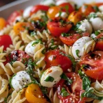 Close-up view of a vibrant Caprese Pasta Salad with cherry tomatoes, mozzarella, and basil.