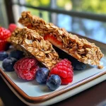 Close-up side view of a frozen yogurt granola bar topped with fresh berries.