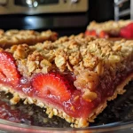 Close-up view of strawberry oatmeal crumble bars with a crispy top layer.
